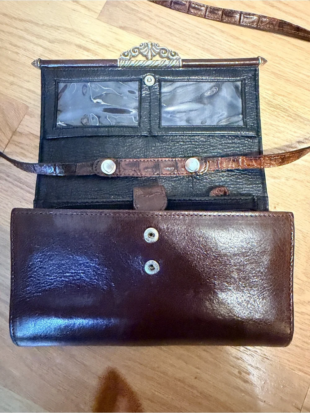Brighton Y2K Convertible  Brown Croc-Textured Leather Crossbody Organizer Clutch